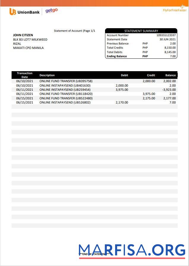 Blank Philippines Unionbank statement word real example